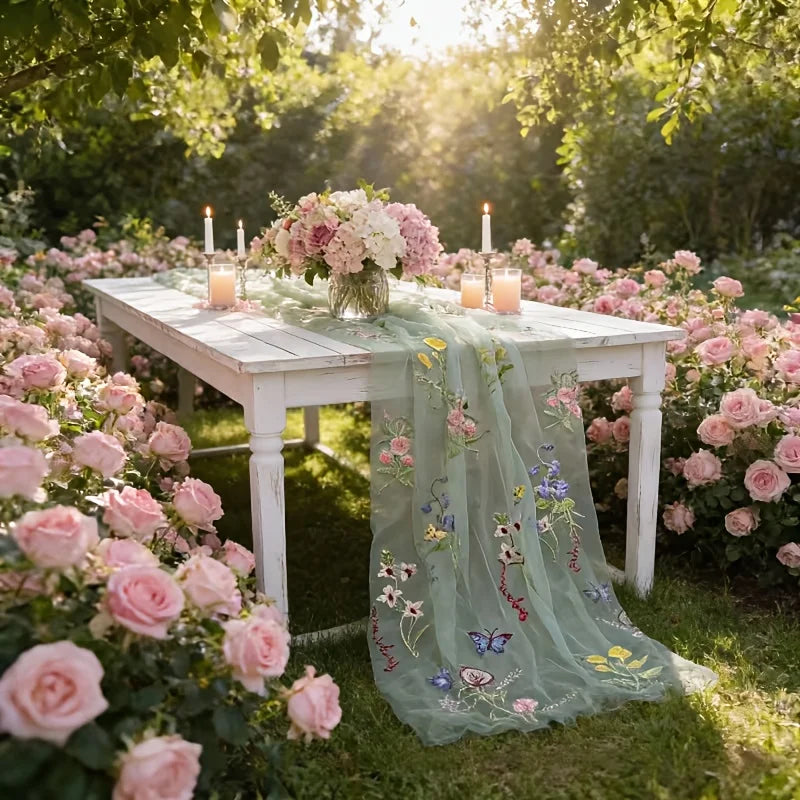 serviette table verte brodée motifs floraux mariage fete printemps été romantique