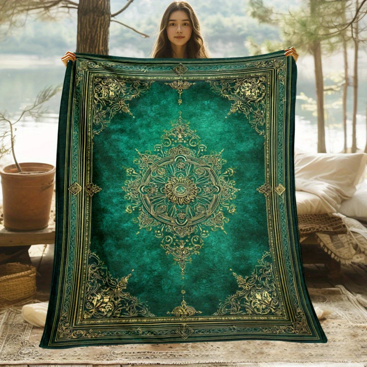 couverture velours vert émeraude broderie dorée motif floral boho chic canapé décoration hiver