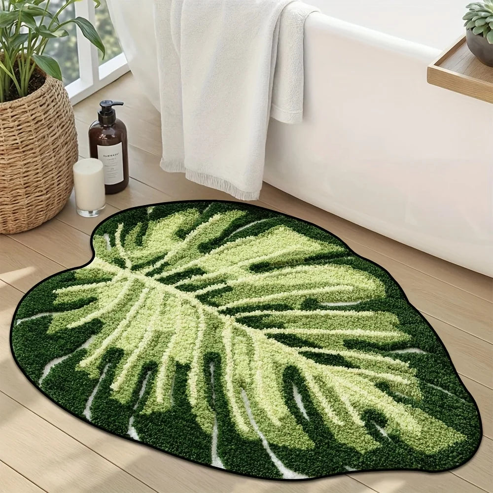tapis bain sol salon doux polyester feuille motif naturel moderne blanc vert