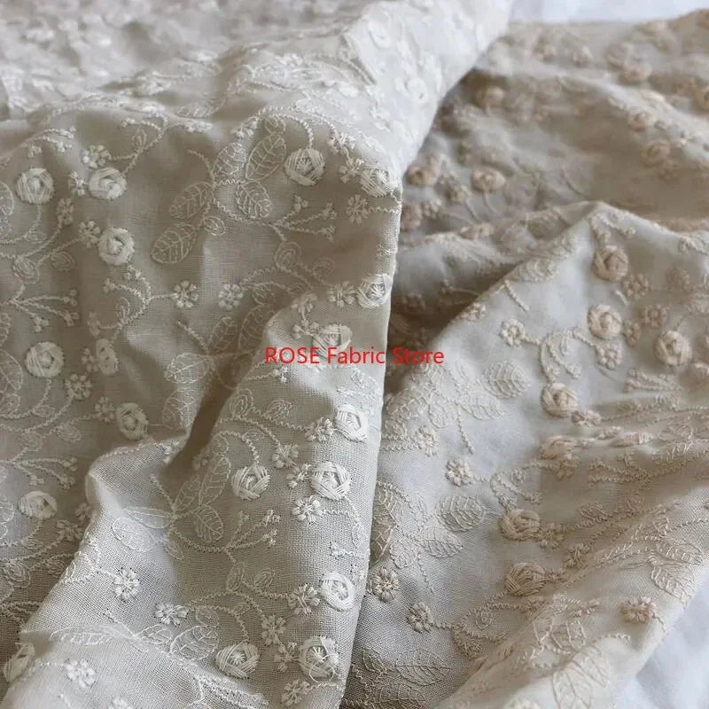tissu coton lin brodé fleurs 3d beige clair classique decoration maison bricolage nappe oreiller