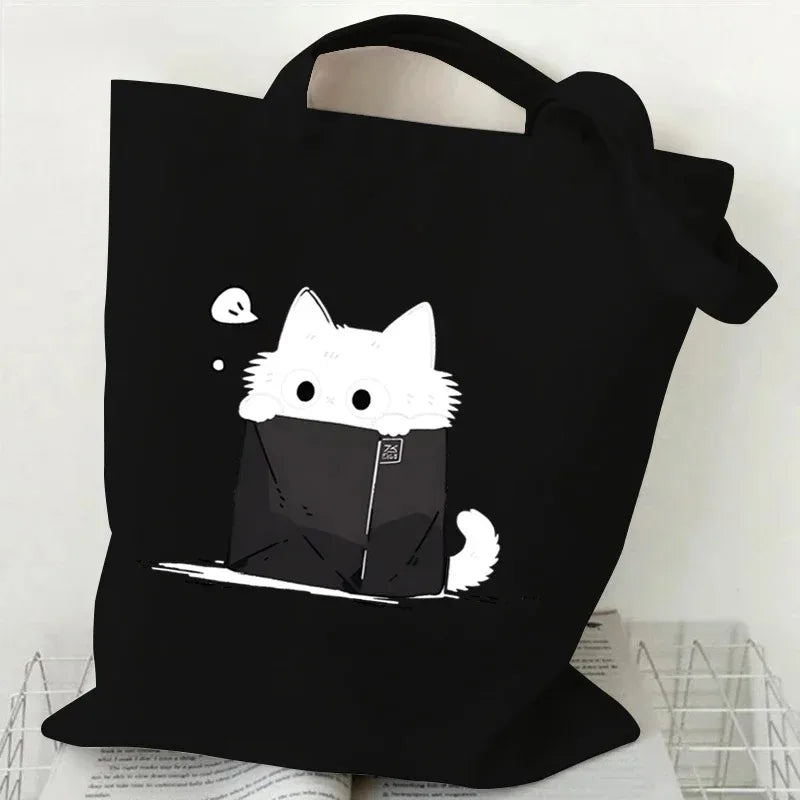 sac main femme toile chat cartoon noir blanc motifs animaux décontracté sans fermeture éclair