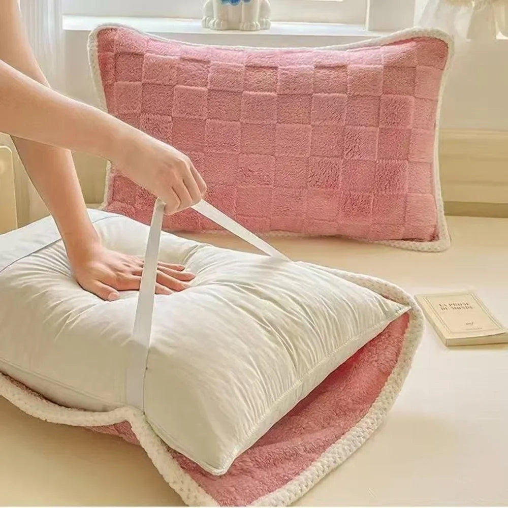 taies d'oreiller coton polyester motif carrés modernes vert gris rose opaques fixés coussin protection