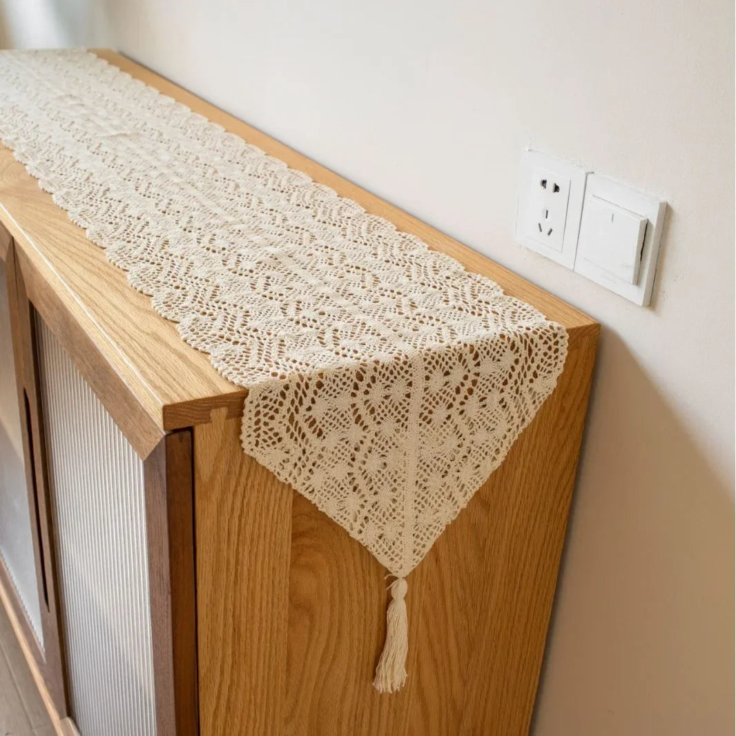serviette table traditionnelle motif floral serviette beige clair tissage crocheté frange maison polyester coton