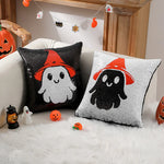 housse coussin halloween fantômes crânes chapeaux sorcière noire blanche orange adhésive carrée polyester 40x40cm