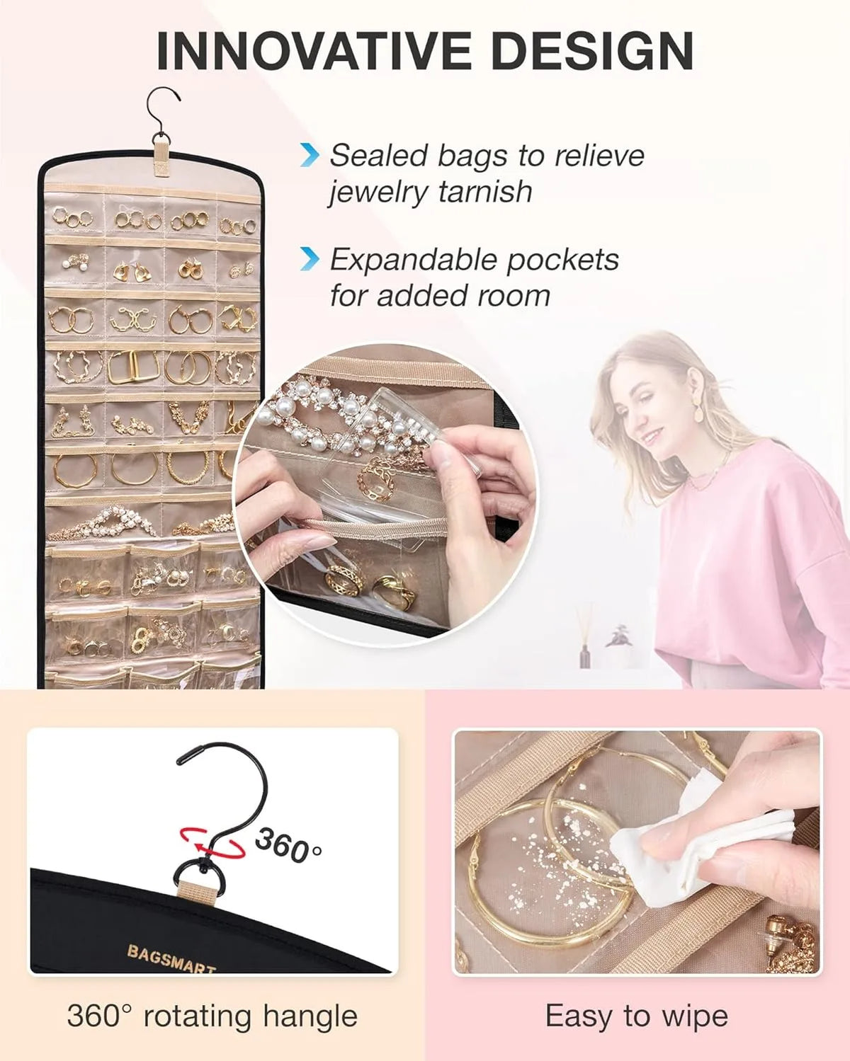 porte bijoux suspendu noir moderne 48 grilles tissées crochets
