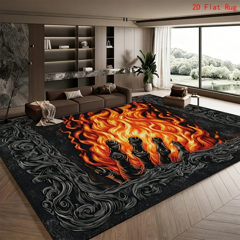 tapis moderne rectangle polypropylène antidérapant chat dragon flammes noir bleu orange
