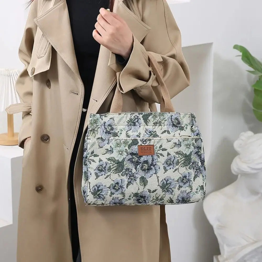 sac main femme toile imprimé floral poignées détachables vintage beige bleu vert