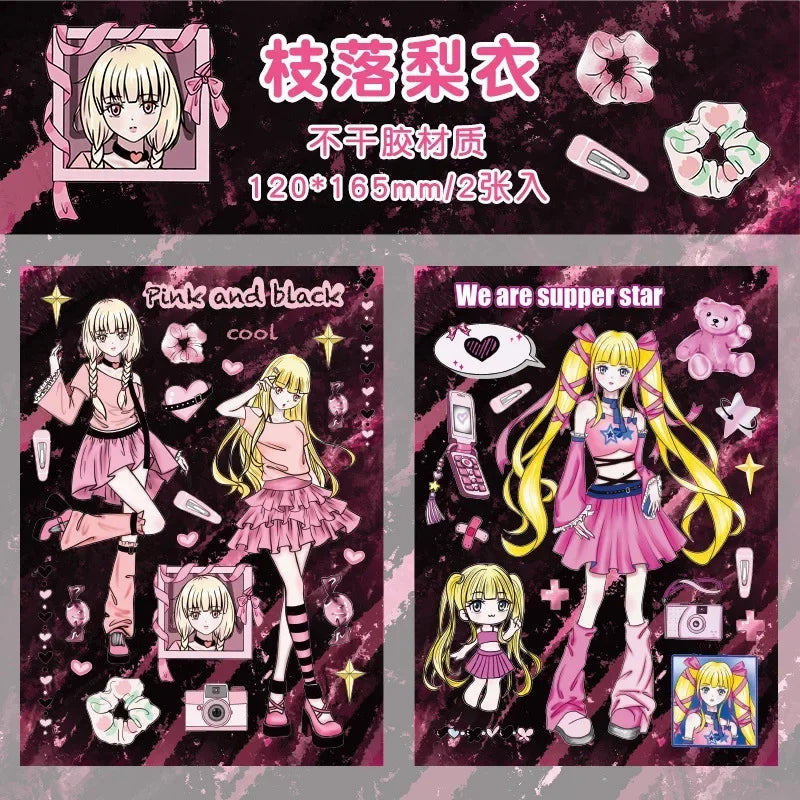 autocollants manga personnages textes confettis bleu violet noir blanc opaques scrapbooking álbum journal intime