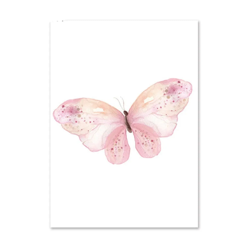 tableau peinture aquarelle papillon rose fleurs décoration chambre enfant cadre bois artiste