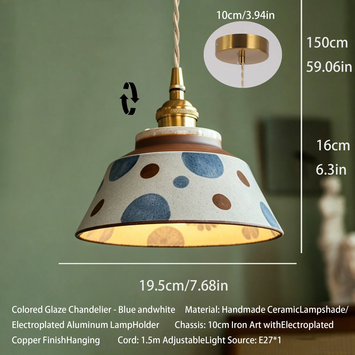 lampe suspendue vintage blanc bleu motif floral ajustable cuisine chambre