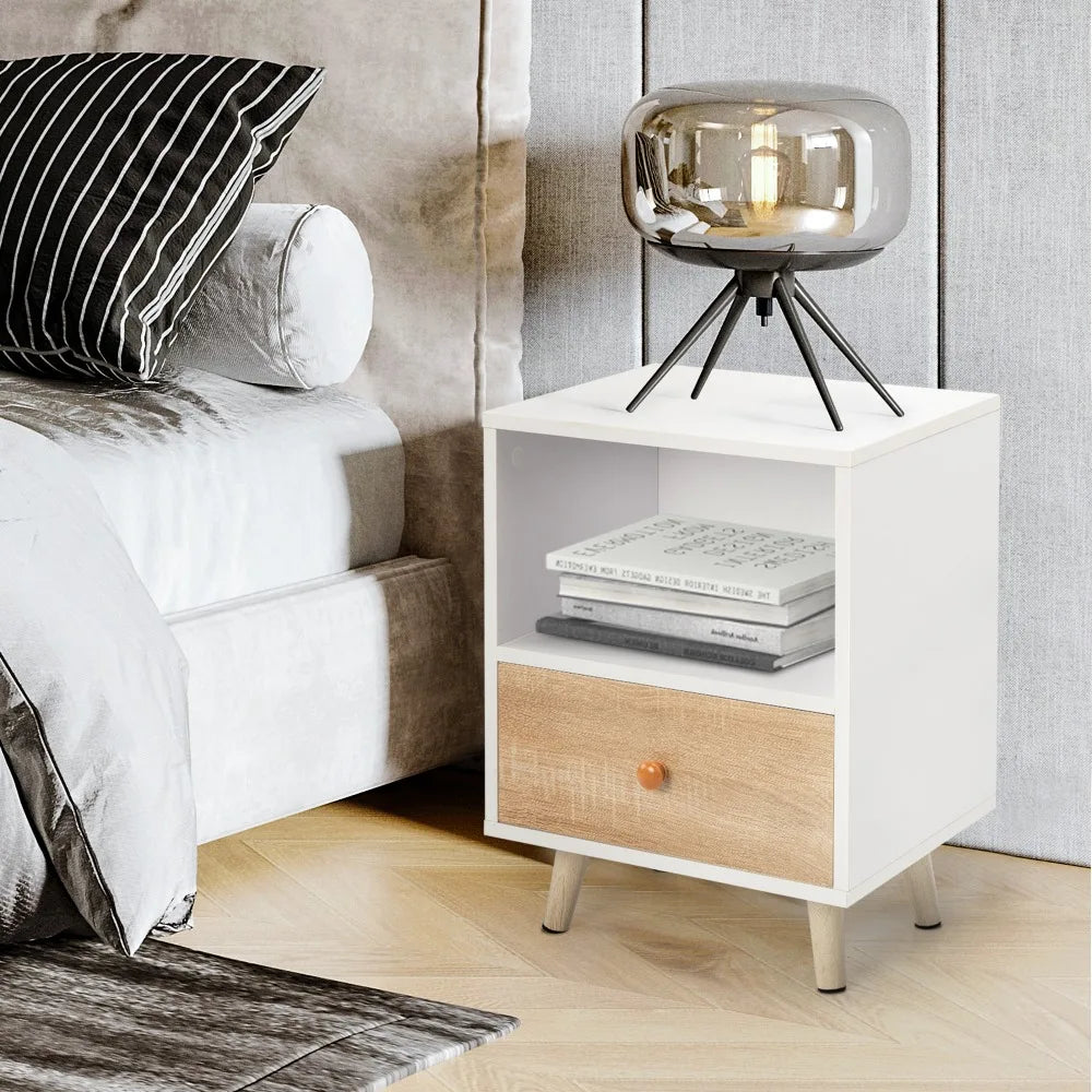 meuble chevet blanc moderne tiroir étagère ouverte imitation chêne pieds bois