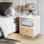meuble chevet blanc moderne tiroir étagère ouverte imitation chêne pieds bois