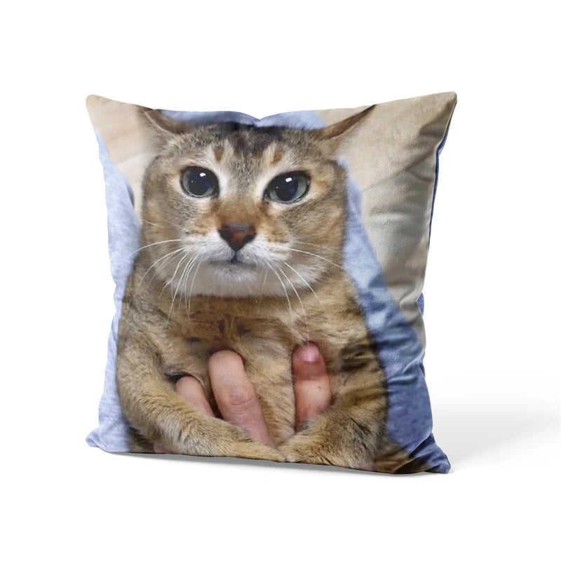 coussin moderne beige gris chat imprimé respectueux environnement polyester coton 45cm 45cm fixations