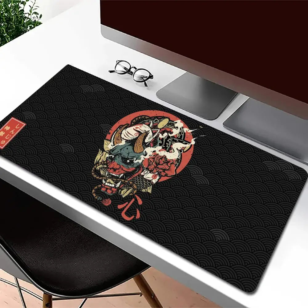 tapis souris neoprene caoutchouc noir rouge vert motif samouraï vagues fleurs traditionnel japonais gaming