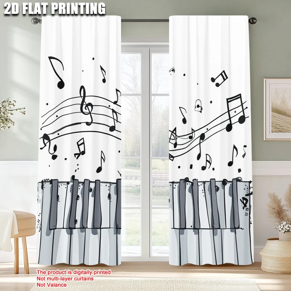 rideau moderne notes musique piano blanc noir polyester deux panneaux