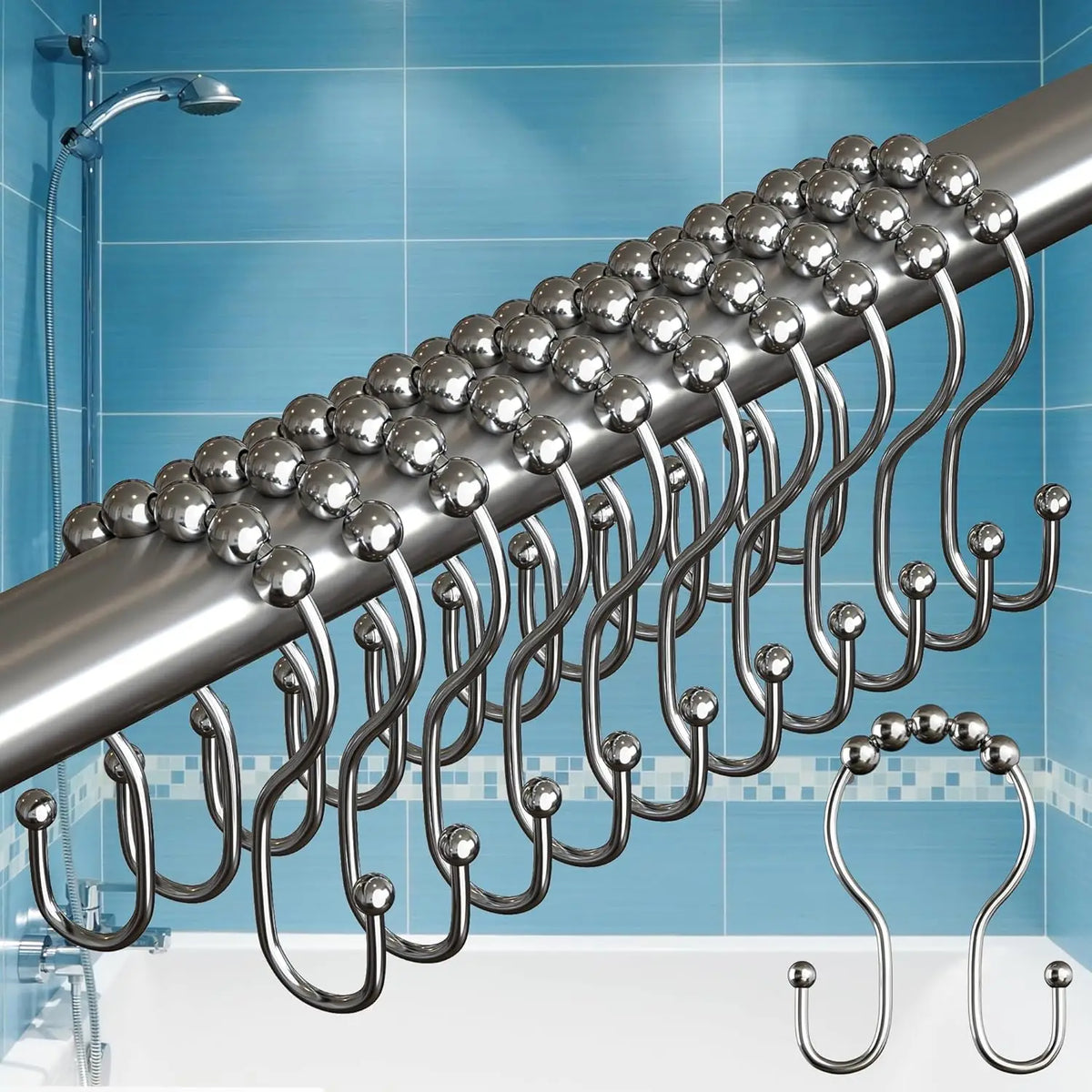 crochets rideau douche barre incurvée billes décoratives acier inoxydable moderne accessoires salle bain minimalistes
