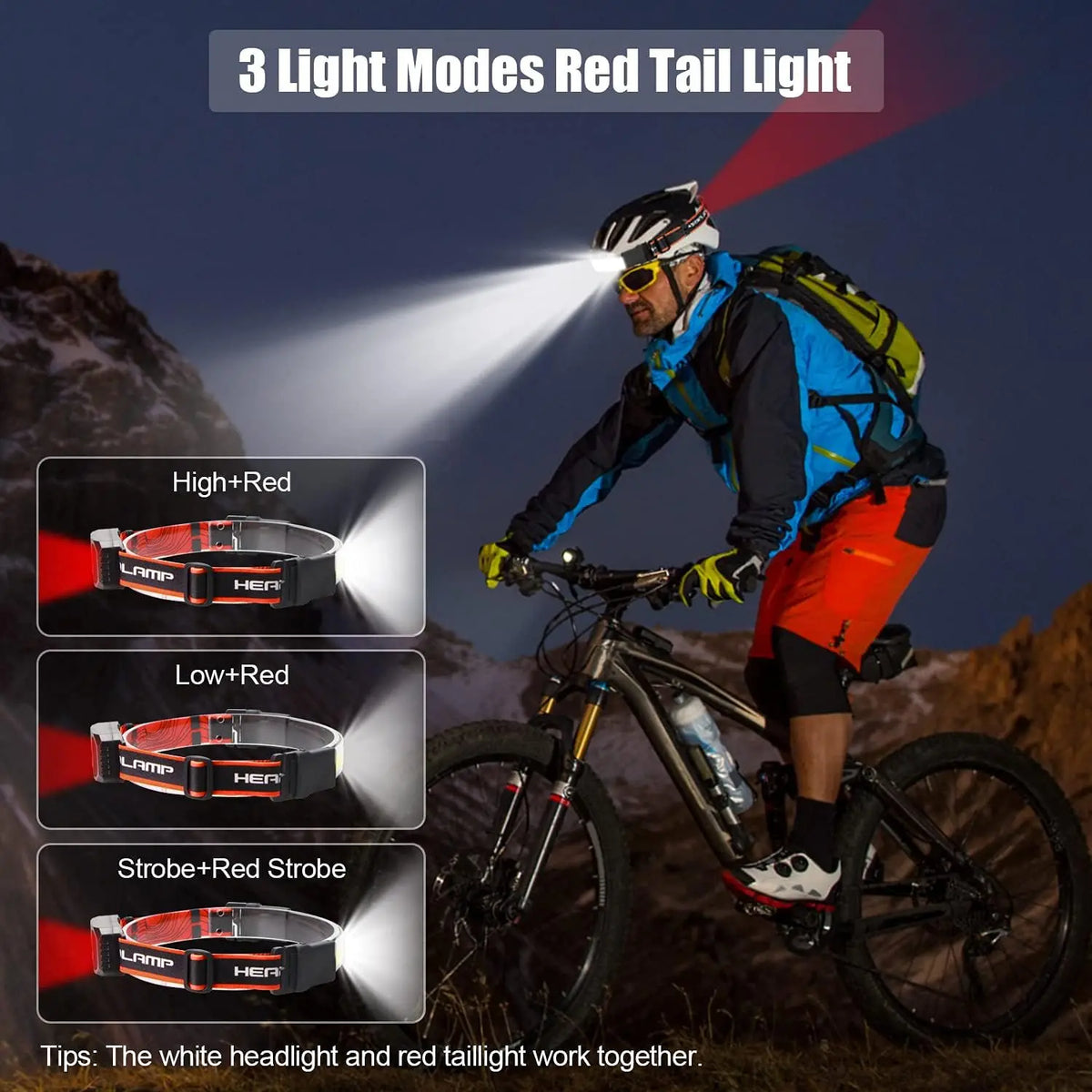 lampe frontale rechargeable led rouge noire texture bois élastique ajustable camping pêche