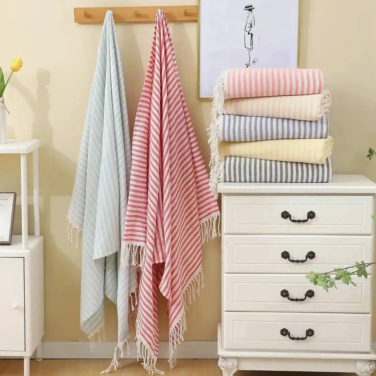 serviette bain coton polyester 100x180cm rayées franges moderne absorbante plage voyage