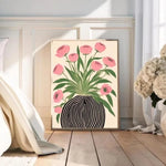 tableau moderne toile fleurs roses feuilles vertes vase rayé noir blanc minimaliste