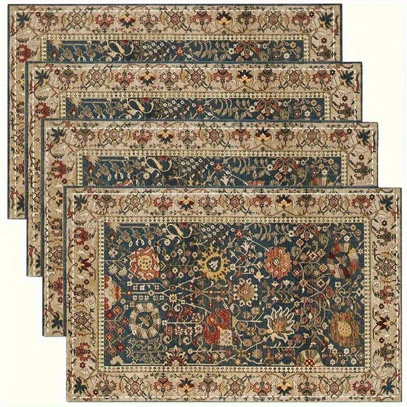 tapis table classique ornements floraux bleu marine beige rouge vert lin festive salle manger