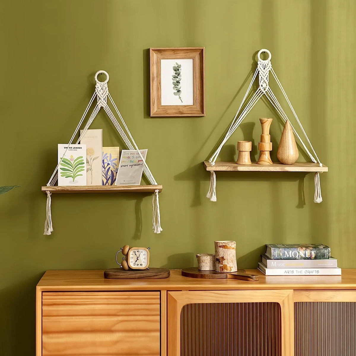 étagères murales suspendues macramé boho chic bois naturel plante photo décoration