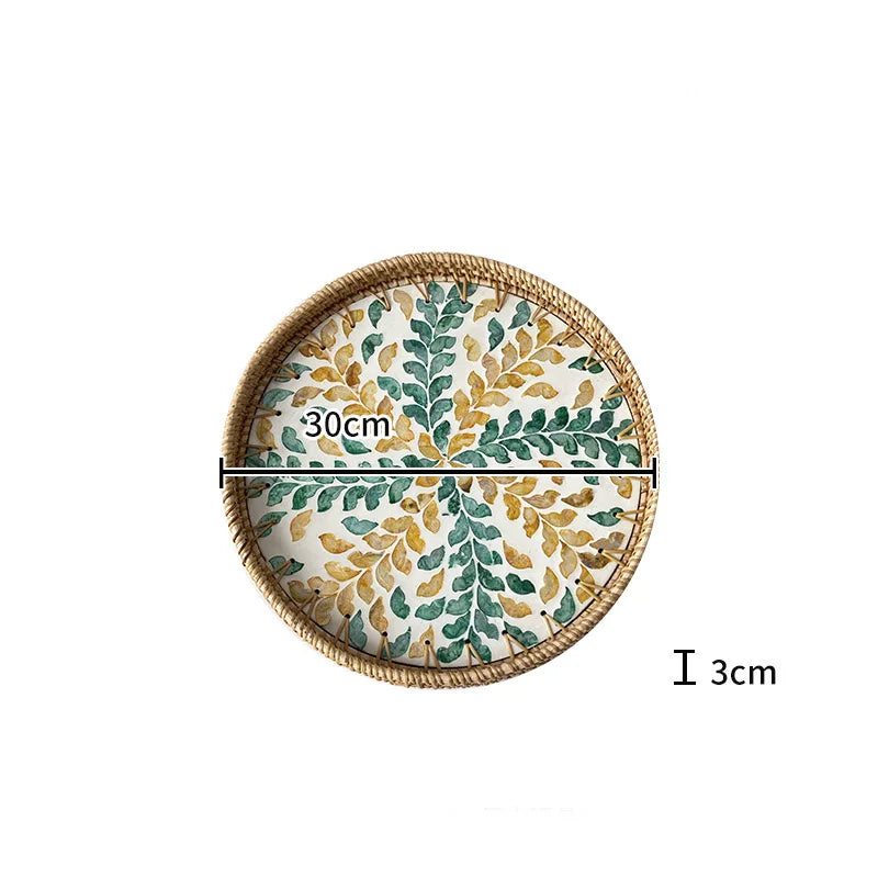 assiette plate décorative rotin tressé motif fleurs boho rustique couleur naturelle