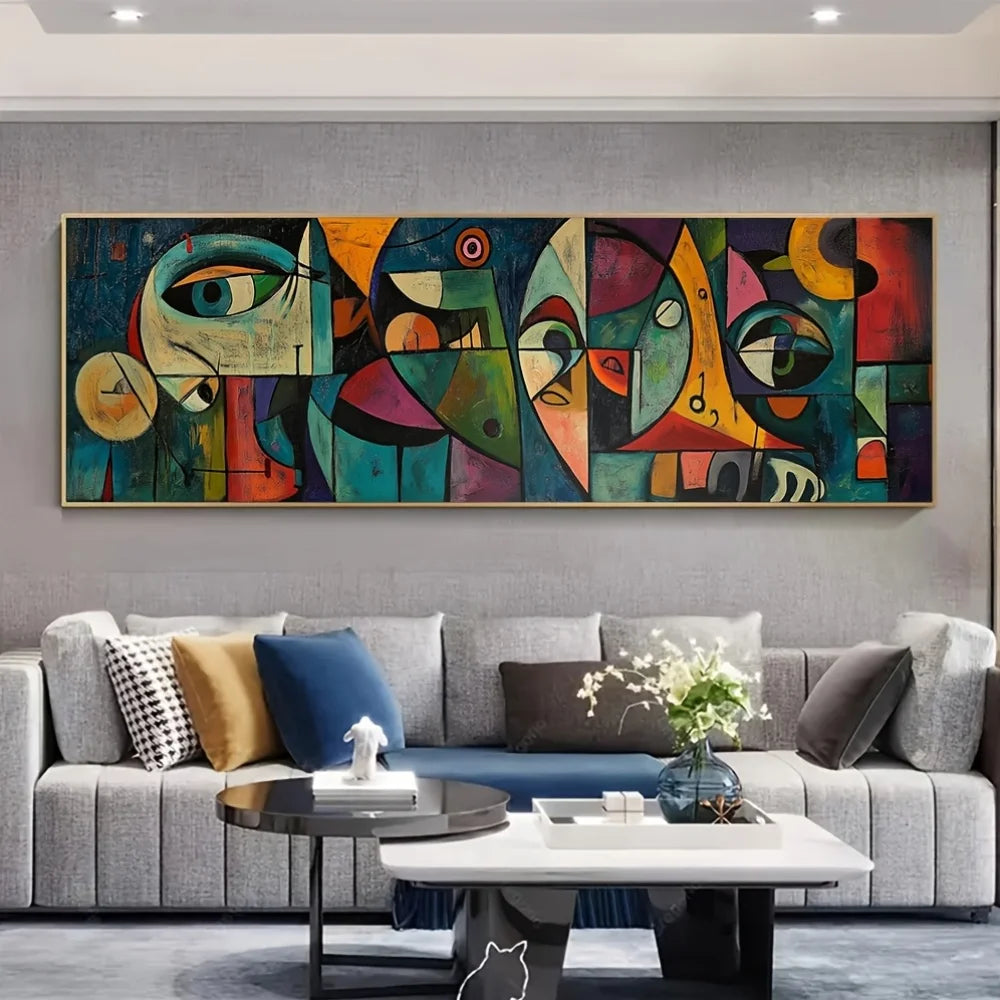 peinture abstraite moderne composition géométrique bleu vert rouge jaune noir cadre bois décoration murale