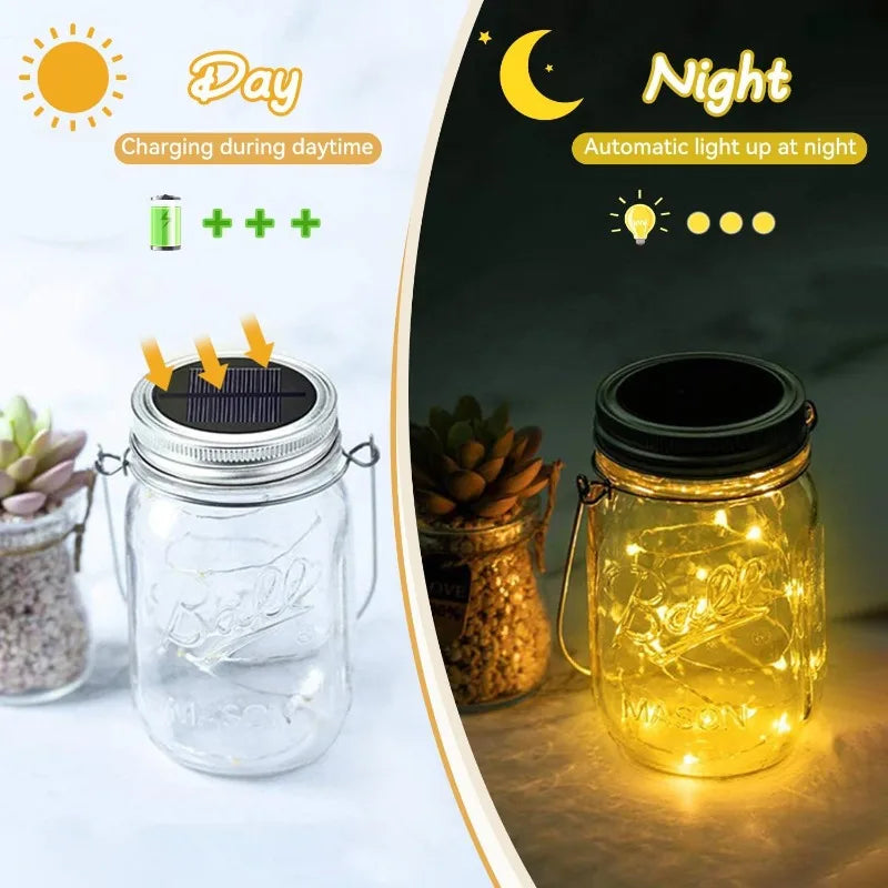 lumière led solaire mason transparent argenté vintage 20 led rechargeable extérieure patio jardin festive