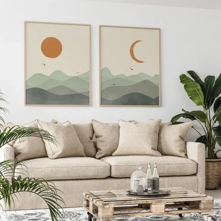 affiche abstraite paysage montagne soleil lune oiseaux moderne minimaliste beige orange vert gris noir