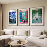 affiches art classique peintures célèbres nuit étoilée fenêtre ouverte nénuphars bleu jaune vert noir
