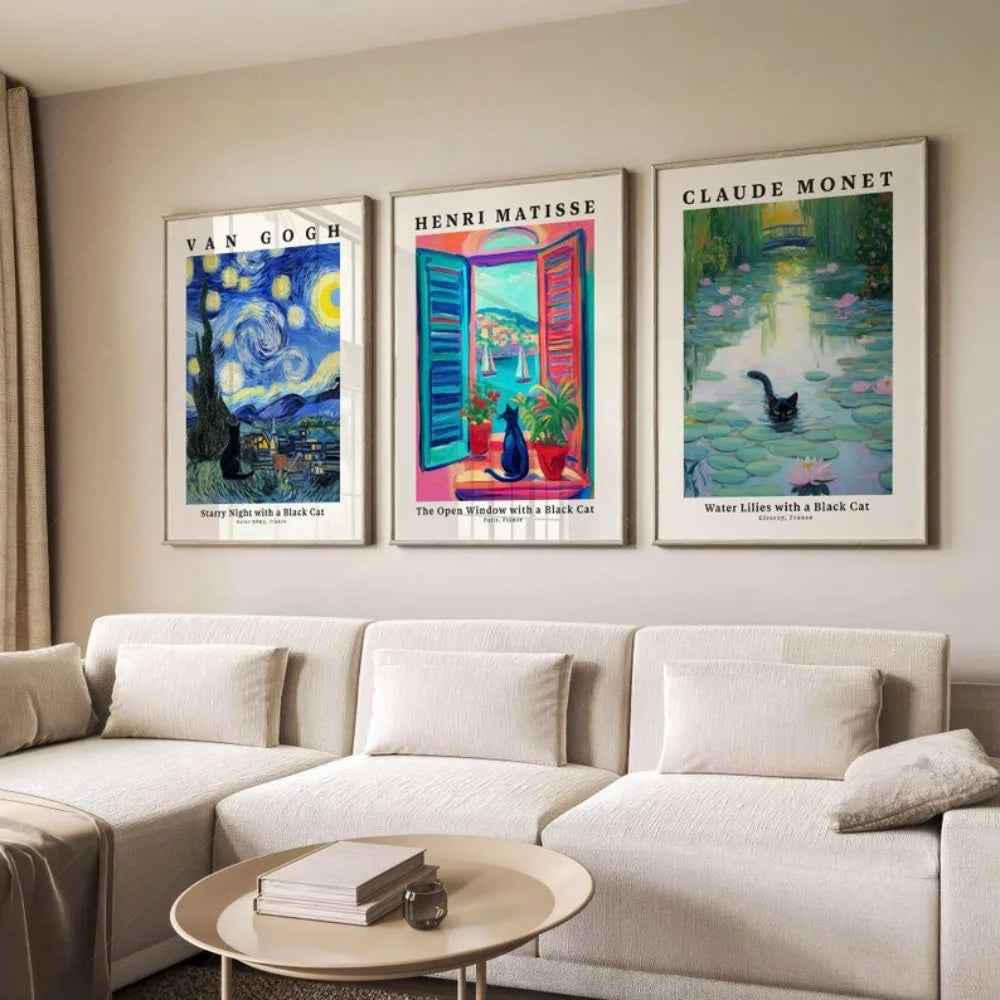 affiches art classique peintures célèbres nuit étoilée fenêtre ouverte nénuphars bleu jaune vert noir