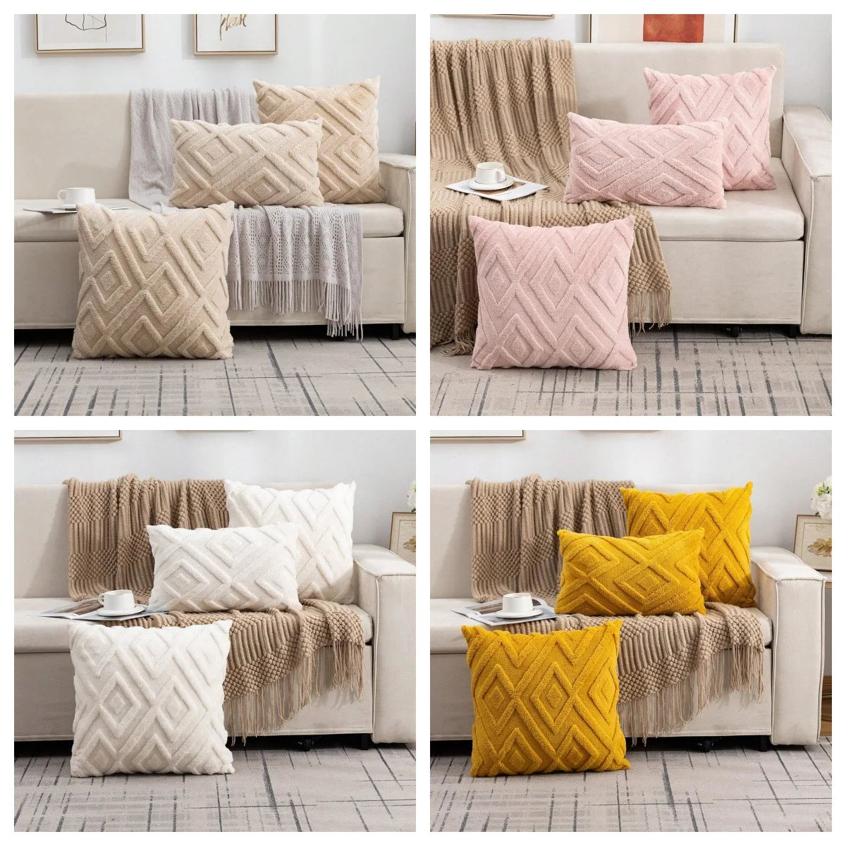 coussin carré moderne géométrique rose clair jaune gris polyester opaque maison hospitalière decoration intérieur