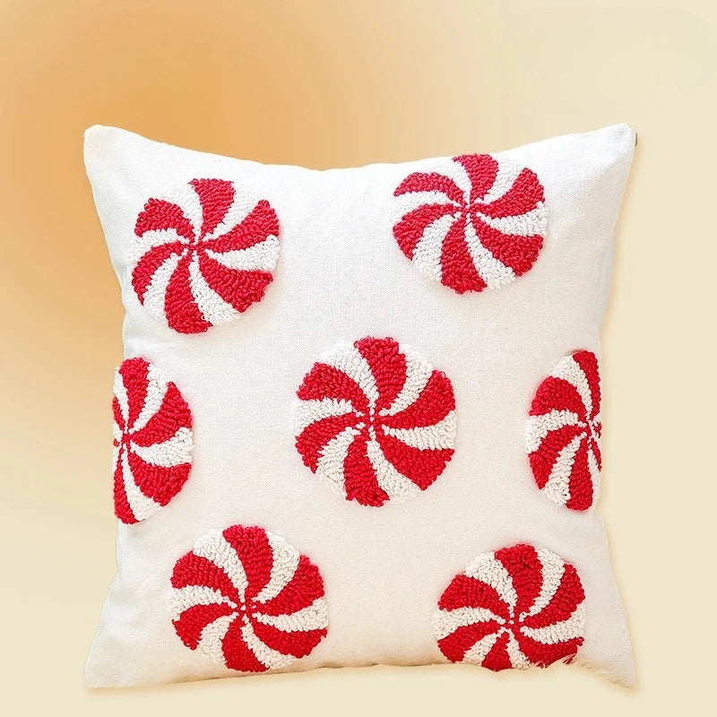 coussin carré polyester tufté motif noël bonbons rouges blancs décoratif fixations festive chambre voiture