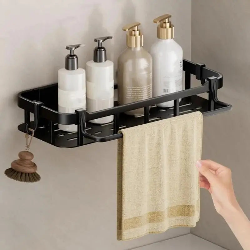 étagère salle bain adhésive noire moderne grille perforations serviette brosse dents góc nhìn khách