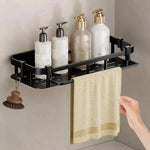 étagère salle bain adhésive noire moderne grille perforations serviette brosse dents góc nhìn khách