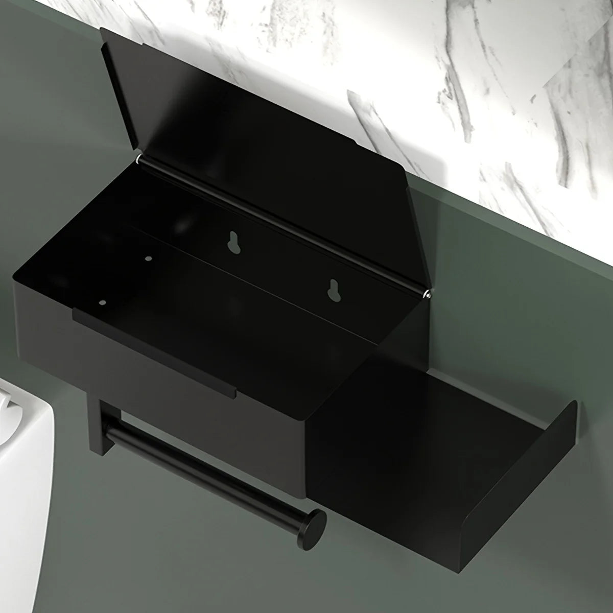 rangement mural moderne noir blanc salle bain porte papier toilette support smartphone éléments diffuseur