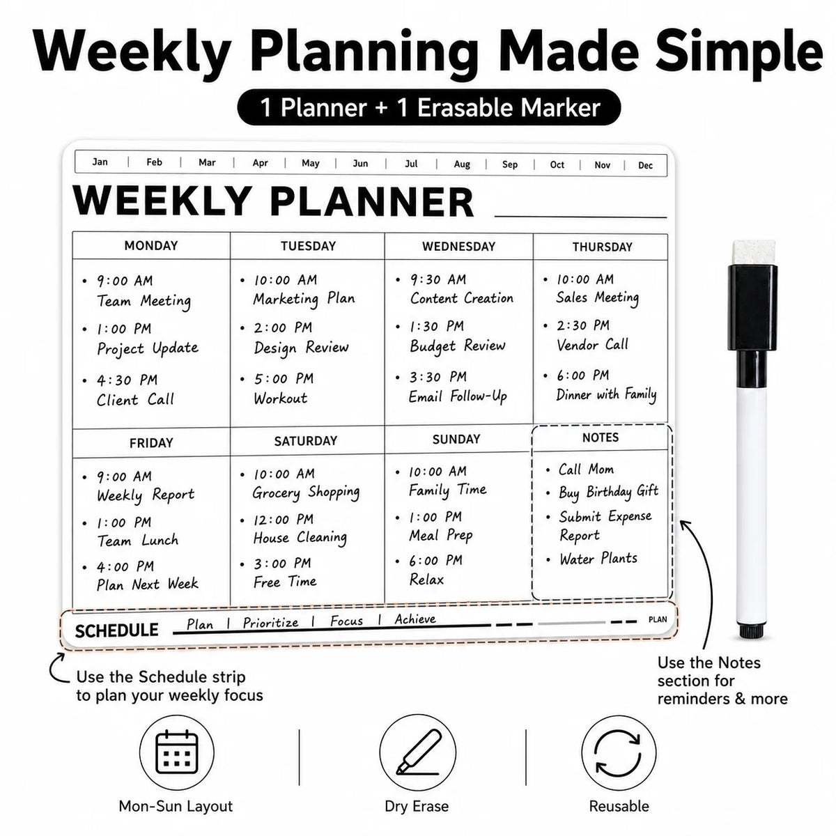 planificateur hebdomadaire aimant blanc minimaliste frigo marqueur effaçable notes cuisine