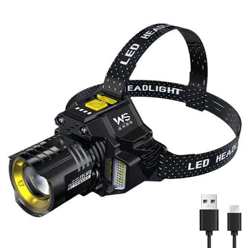 lampe frontale led rechargeable zoomable clip noir jaune bleu indicateur puissance interrupteur infrarouge adlamin