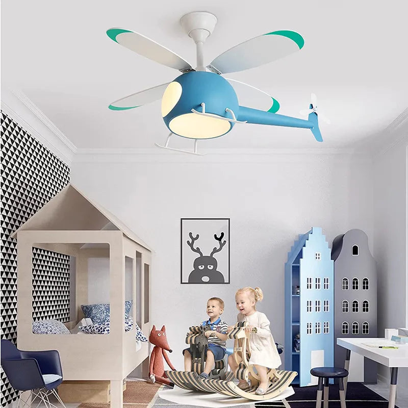 ventilateur moderne hélicoptère bleu rose enfantin led télécommande lumières
