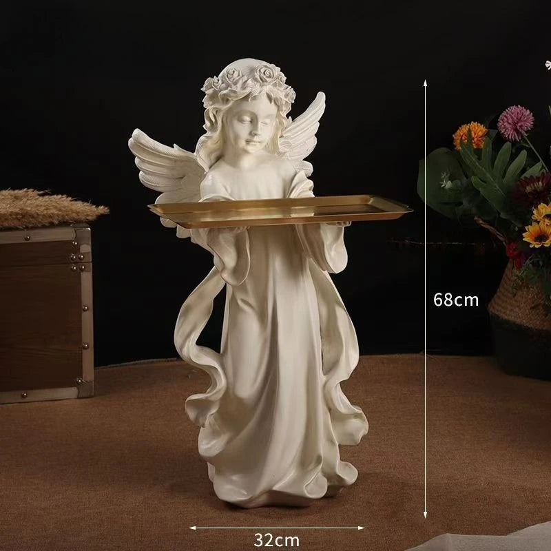 statues anges blanc plateau rangement bougies fleurs séchées décoratives intérieur couronnes roses sculptées