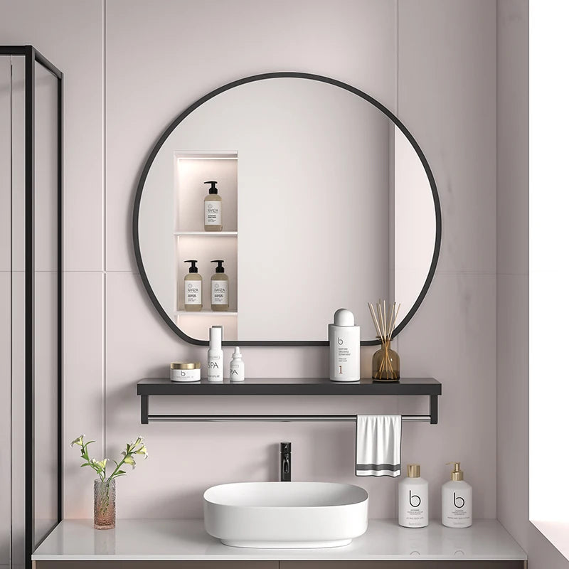 miroir rond moderne noir blanc doré étagère cosmétiques vasque ovale salle bain