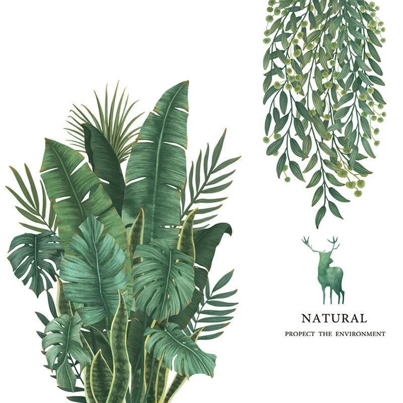 sticker mural décoration feuilles plantes tropicales aquarelle naturel moderne 30x90cm