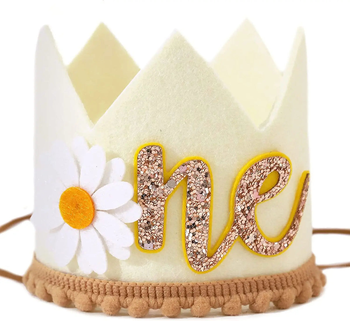 couronne anniversaire enfant fleur blanche dorée lettres scintillantes pompons beige festive