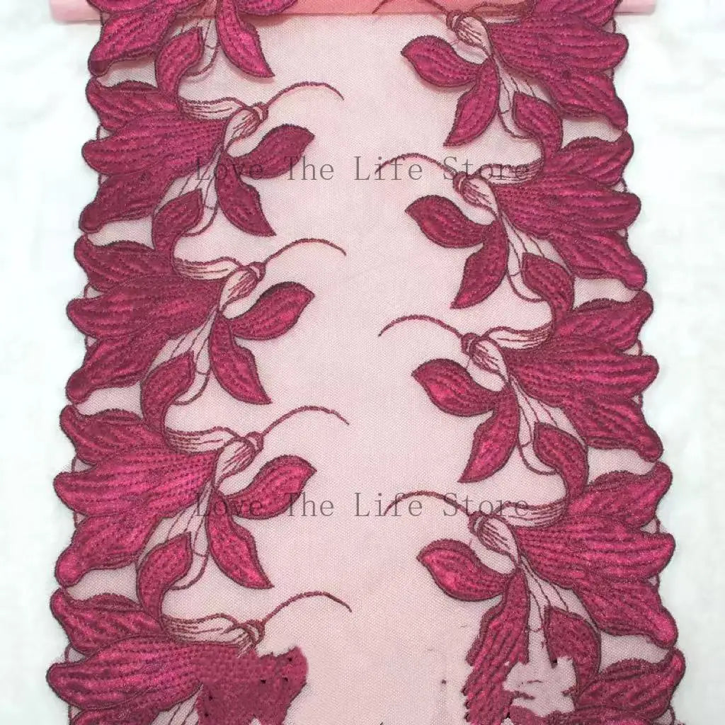 ruban décoratif brodé feuilles stylisées vert violet bleu rose noir 100 polyester 25cm 20yards