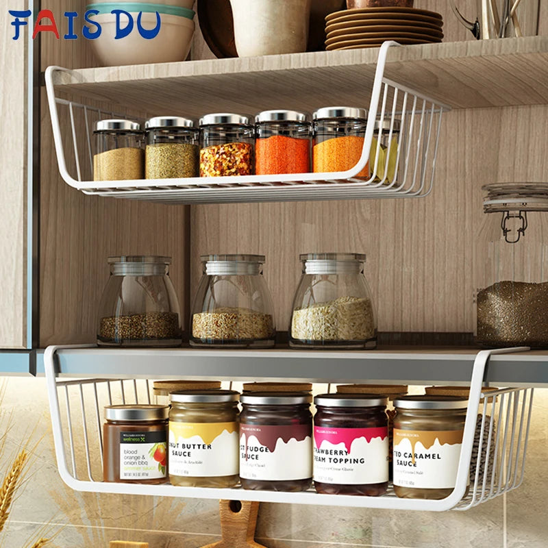 panier suspendu blanc réticulé moderne clips cuisine rangement élégant organisation robuste durable