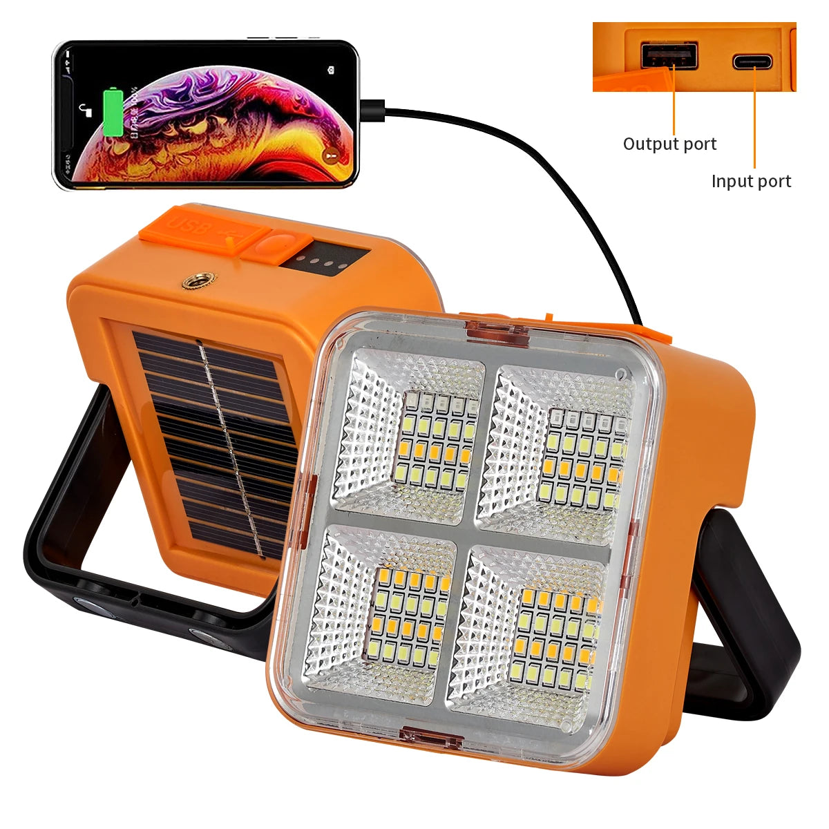 lampe solaire portative orange moderne recharge solaire usb poignée aimant emergency light camping