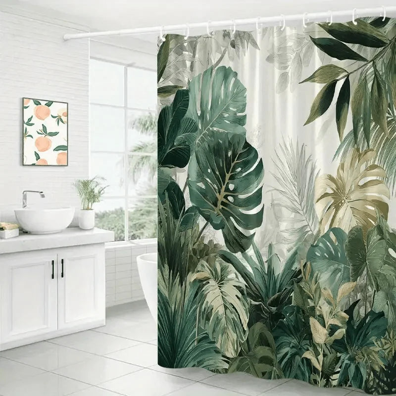 rideau douche feuilles tropicales moderne vert blanc opaque crochet douche grande taille jacquard polyester