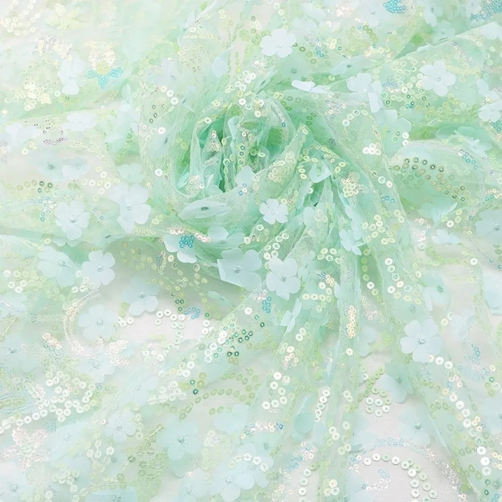 tissu décoratif élégant fleurs paillettes dorées bleu marine bleu clair vert rose blanc translucide