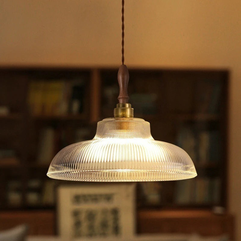 lampe suspendue vintage transparente dorée rayures verticales salon restaurant étude led flux lumineux 249