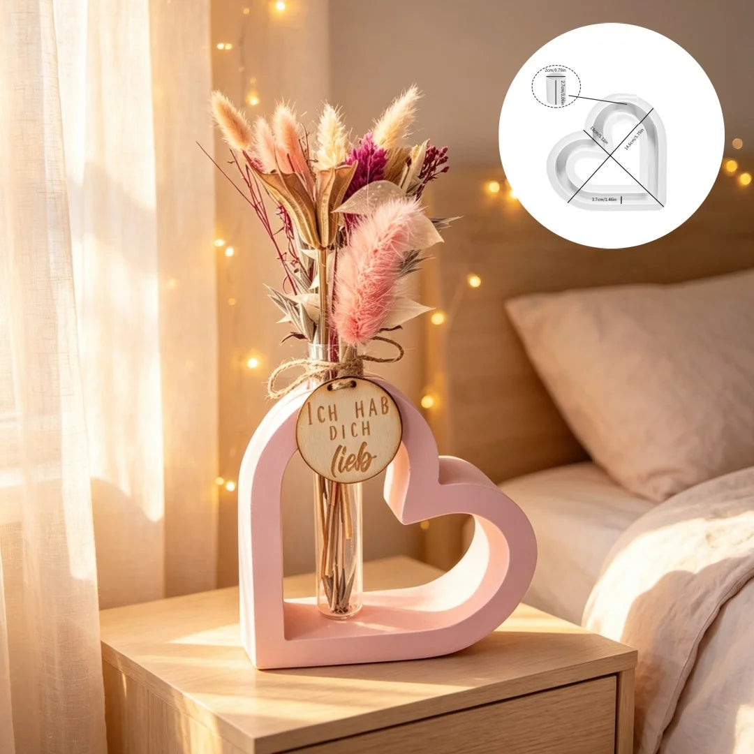 support fleurs forme cœur rose clair silicone moderne décoration vase fleurs séchées plaque bois
